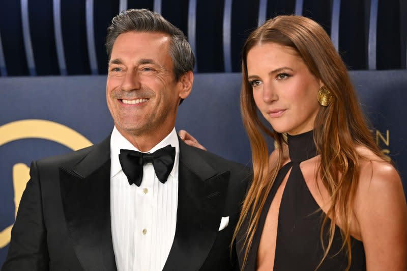 Jon Hamm (L) and Anna Osceola attend the SAG Awards on Saturday. Photo by Chris Chew/UPI