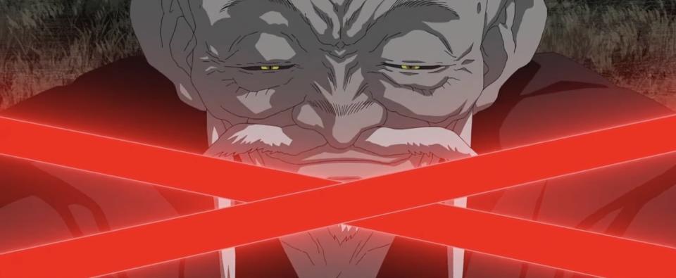 Old man anime character smirks with two red lightsabers crossing his face