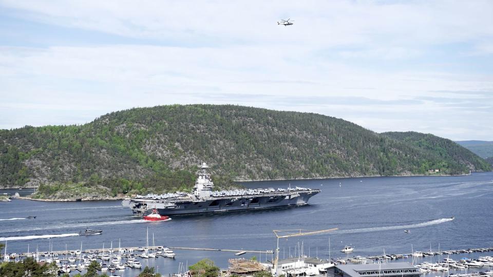 The aircraft carrier Gerald R. Ford arrives in Norway during its first deployment under a combatant commander. (Terje Pedersen/NTB Scanpix via AP)