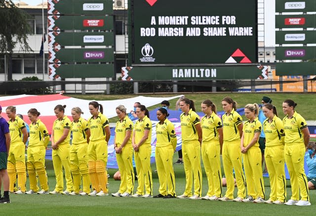 A moment of silence is held for Australian cricketers Rod Marsh and Shane Warne ahead of the Women's World Cup game between Australia and England