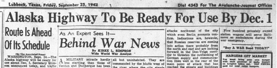 A clipping from the Sept. 25, 1942, Avalanche-Journal talks about the Alaska Highway during World War II.