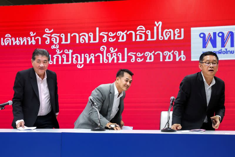 Pheu Thai Party leader Chonlanan Srikaew attends a press conference, in Bangkok