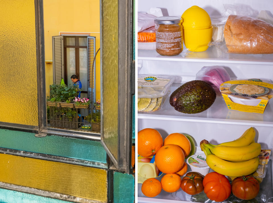 Left: 10:23 A.M. View from the window on my floor; Right: 3:08 P.M. Fridge detail | Lucia Buricelli for TIME