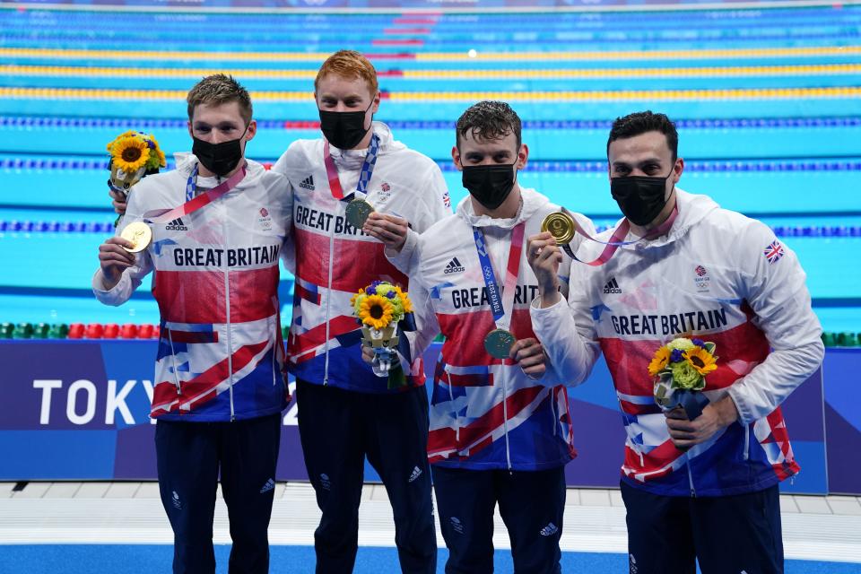 Duncan Scott, Tom Dean, Matthew Richards and James Guy secured relay gold (Adam Davy/PA) (PA Wire)