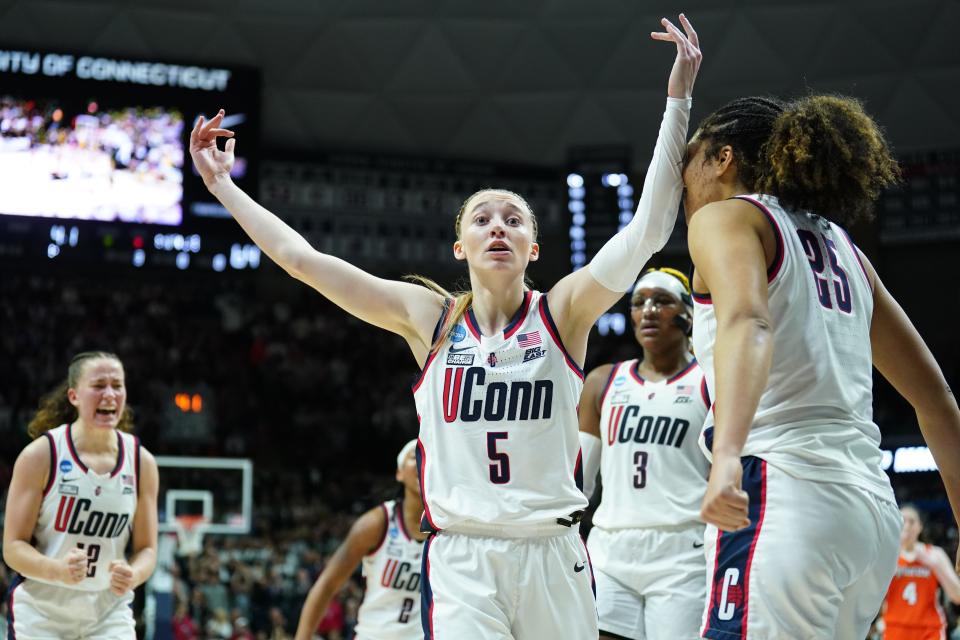 Paige Bueckers reacts during UConn's win against Syracuse.