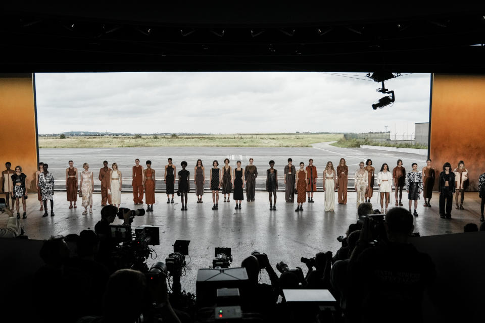 Models wear creations for the Hermes Spring-Summer 2022 ready-to-wear fashion show presented Saturday, Oct. 2, 2021, in Paris. (AP Photo/Thibault Camus)