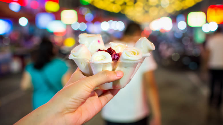 Ice cream rolls in a Thai market