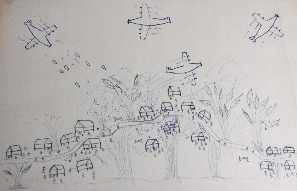 A sketch by villagers in refugee camps of the bombing in Laos.