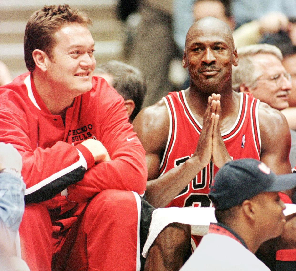 Luc Longley (L) and Michael Jordan (R) of the Chicago Bulls