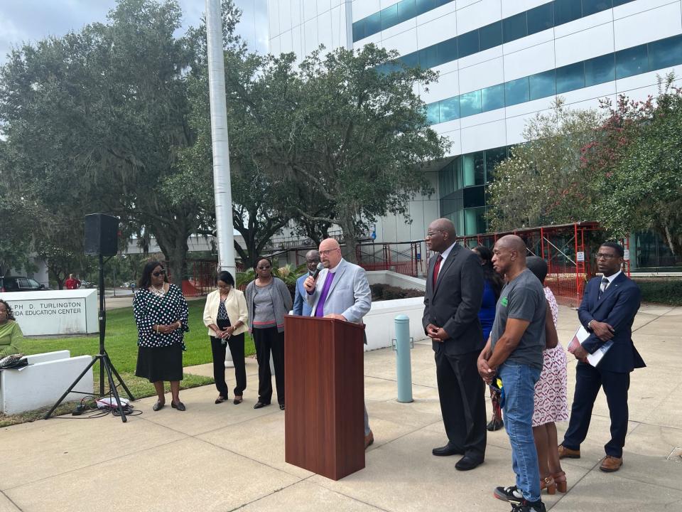 Joseph Parramore of the Florida Council of Churches denounce new education standards that teach slavery provided enslaved workers skills they could to benefit their lives. Tallahassee, August 10, 2023