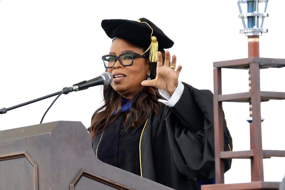NASHVILLE, TENNESSEE - MAY 06: Oprah Winfrey speaks onstage during the 2023 Tennessee State University Commencement ceremony at Hale Stadium at Tennessee State University on May 06, 2023 in Nashville, Tennessee. (Photo by Jason Kempin/Getty Images) ORG XMIT: 775920230 ORIG FILE ID: 1487965956