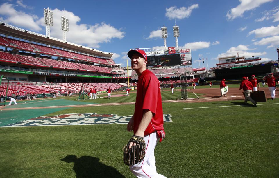 Todd Frazier smiles at fans before he walks into the clubhouse before the Cincinnati Reds take on the San Francisco Giants in the National League Division Series game at the Great American Ball Park. Photos by Leigh Taylor/The Enquirer
reds-taylor  October 10, 2012   Todd Frazier smiles at fans before he walks into the clubhouse before the Cincinnati Reds take on the San Francisco Giants in the National League Division Series game at the Great American Ball Park on Wednesday, October 10, 2012.  The Reds are up in the series 2-1.  The Enquirer/Leigh Taylor