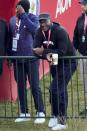 Michael Jordan waits for the start of a foursomes match the Ryder Cup at the Whistling Straits Golf Course Saturday, Sept. 25, 2021, in Sheboygan, Wis. (AP Photo/Ashley Landis)