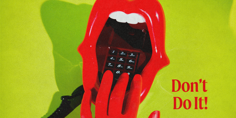 red gloved hand reaching for a mouth shaped phone