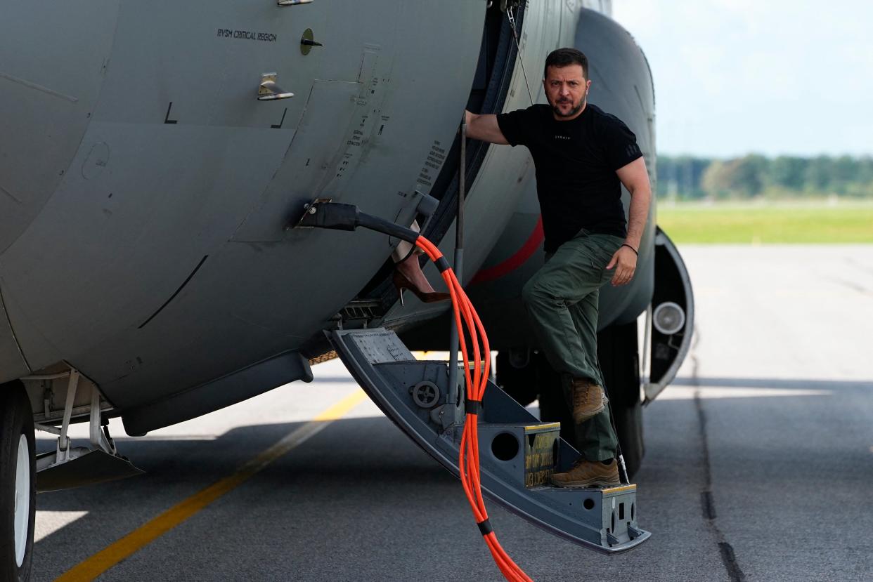 Ukrainian president Volodymyr Zelensky disembarks the plane as he arrives on the airfield in the Skrydstrup Airbase in Vojens, Denmark (Ritzau Scanpix/AFP via Getty)