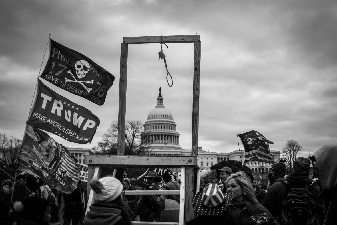 (EDITOR’S NOTE: image was converted to black and white) Trump supporters near the U.S. Capitol, on January 06, 2021 in Washington, DC. The protesters stormed the historic building, breaking windows and clashing with police. (Photo by Shay Horse/NurPhoto via Getty Images)