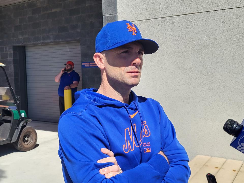 Former Mets third baseman David Wright meets with the media during spring training on Feb. 20, 2024, at Clover Park in Port St. Lucie, Fla.