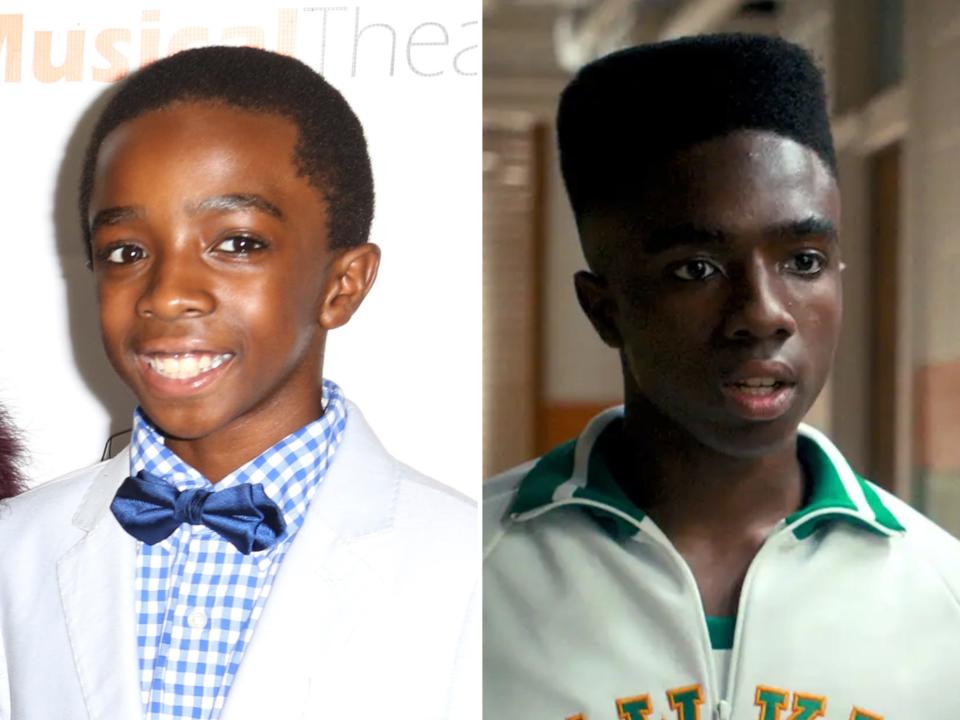left: a young caleb mclaughlin on a red carpet with a white background, smiling and wearing a white suit with a blue and white checkered suit and a blue bow tie; right: caleb mclaughlin as an older teenager on stranger things, wearing an athletic hoodie