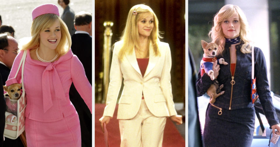 Reese Witherspoon wearing three different Elle Woods costumes in "Legally Blonde 2"