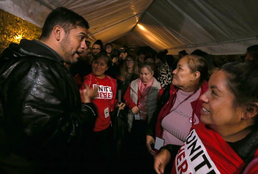 LOS ANGELES, CALIF. - NOV. 8, 2022. Los Angeles City Council candidate Hugo Soto-Martinez gathers with supporters at an election night party in Atwater Village on Tuesday, Nov. 8, 2022. (Luis. Sinco / Los Angeles Times)