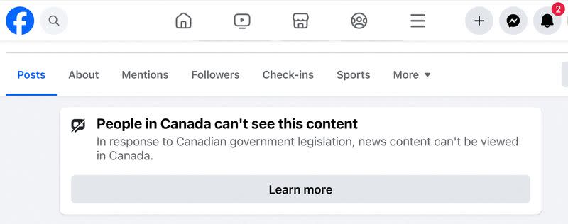 Warning that news stories cannot be seen on Facebook by users in Canada