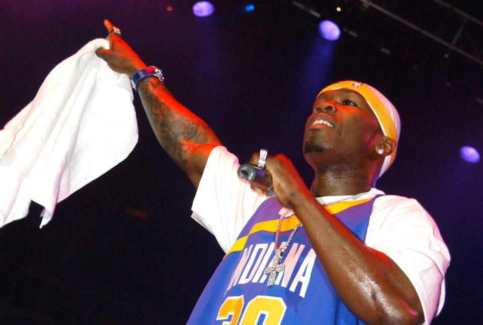 50 Cent performs during Wild 94.9's The Bomb at HP Pavilion on May 15, 2003 in San Jose, California.