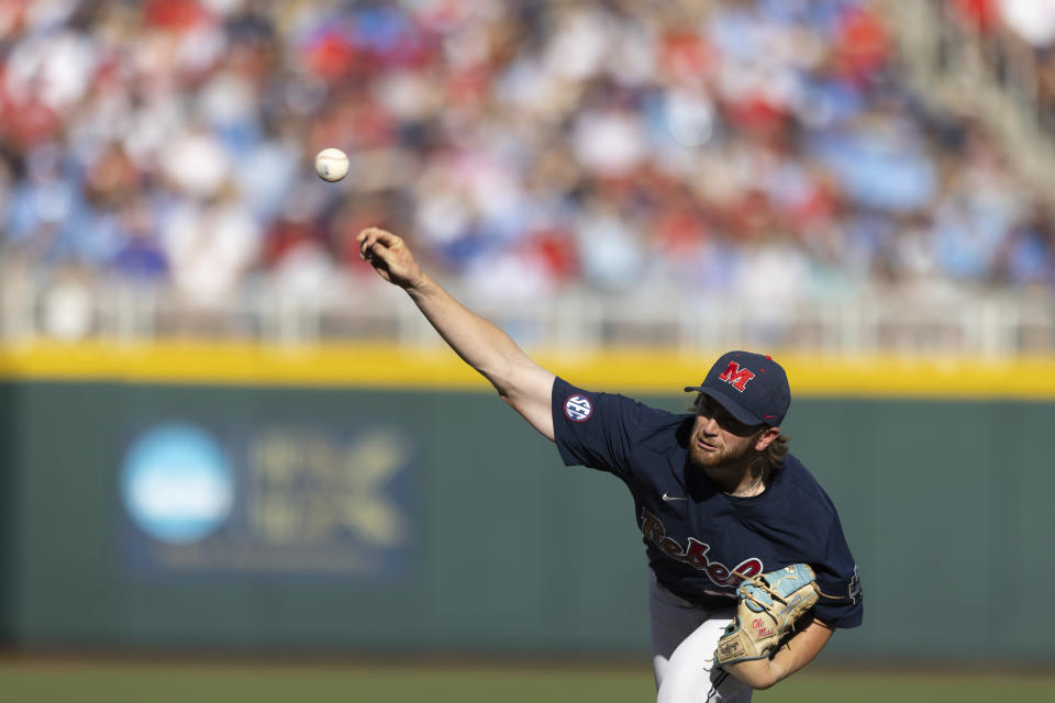 Mississippi starting pitcher Jack Dougherty throws against Oklahoma in the first inning during the first championship baseball game of the NCAA College World Series Saturday, June 25, 2022, in Omaha, Neb. (AP Photo/Rebecca S. Gratz)