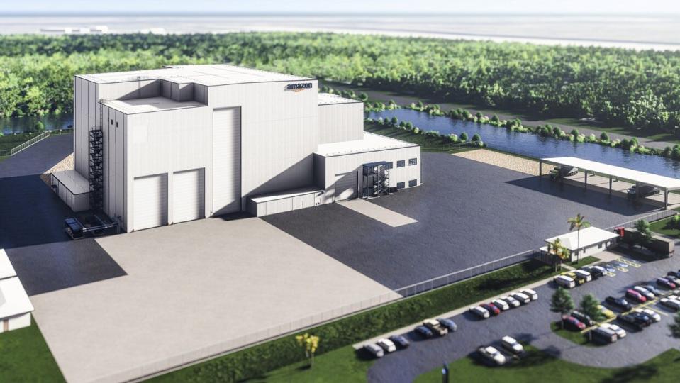 This artist's rendering depicts Amazon's $120 million Kuiper satellite processing facility at the Launch and Landing Facility at NASA's Kennedy Space Center.