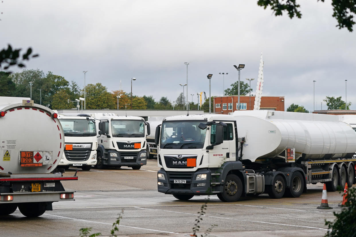 Fuel tankers at Buncefield oil depot, known as the Hertfordshire Oil Storage Terminal, in Hemel Hempstead. Picture date: Monday October 4, 2021. (Photo by Joe Giddens/PA Images via Getty Images)