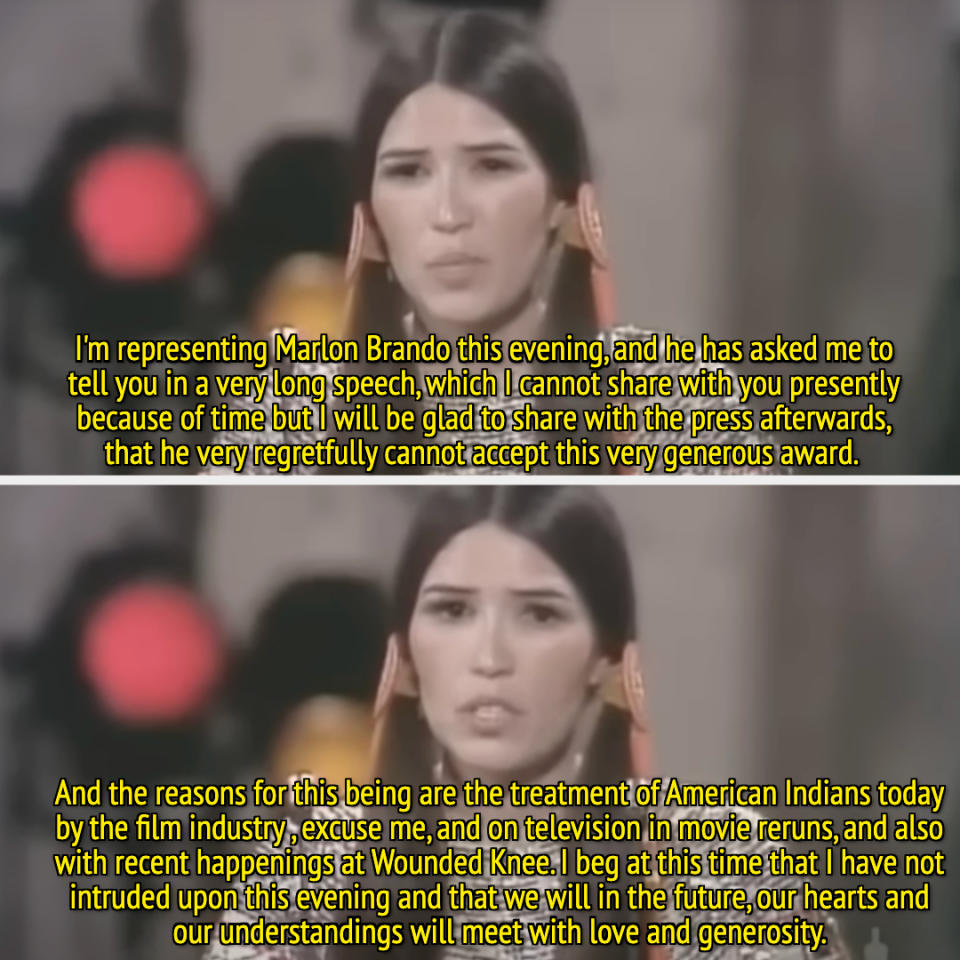 Sacheen Littlefeather declines Marlon Brando's Oscar, citing the film industry's treatment of Indigenous people in the US