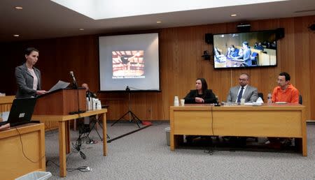 Former gymnast Rachael Denhollander (L) makes a statement during the sentencing hearing of Larry Nassar (R), a former team USA Gymnastics doctor who pleaded guilty in November 2017 to sexual assault charges, in the Eaton County Court in Charlotte, Michigan, U.S. February 2, 2018. REUTERS/Rebecca Cook