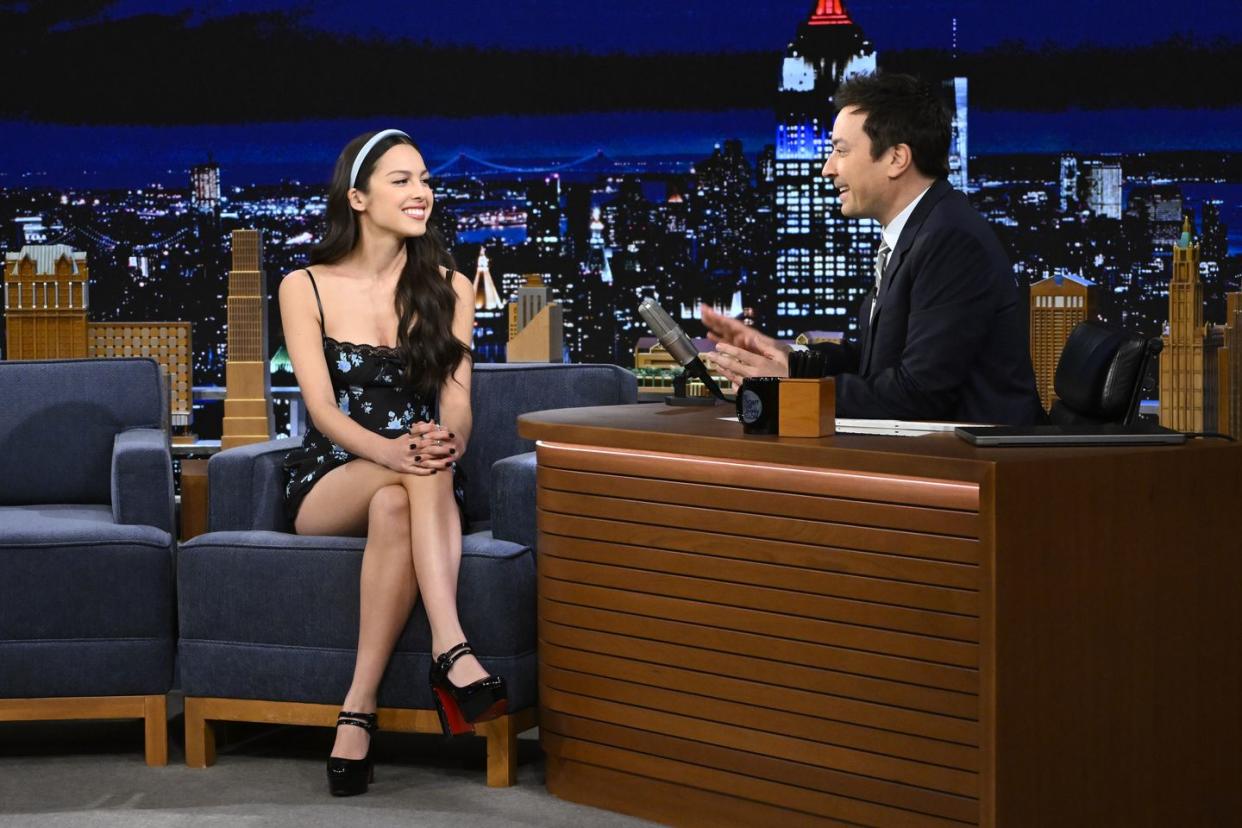 the tonight show starring jimmy fallon episode 1886 pictured l r singer songwriter olivia rodrigo during an interview with host jimmy fallon on thursday, december 7, 2023 photo by todd owyoungnbc via getty images