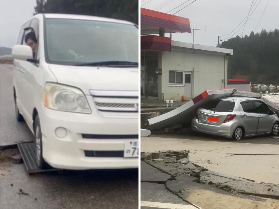 部份裂開的道路需要放渠蓋做墊板輔助通行，Matt（圖左）小心翼翼慢駛，義工成員下車幫忙量度位置；沿途（圖右）義工隊亦見到不少汽車被塌下建築物破壞。（照片由受訪者提供）