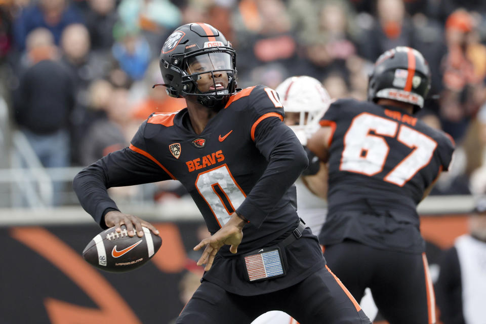 Nov. 11, 2023; Corvallis, Oregon; Oregon State Beavers quarterback Aidan Chiles (0) throws the ball during the first half against the Stanford Cardinal at Reser Stadium. Soobum Im-USA TODAY Sports