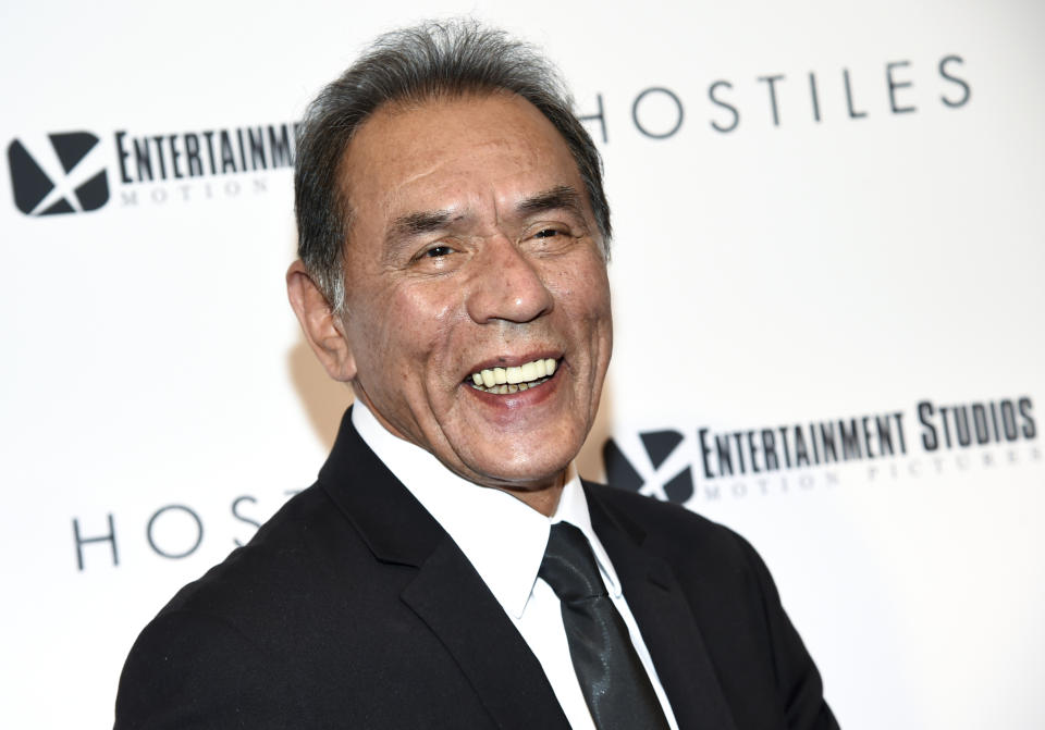 FILE - In this Dec. 18, 2017 file photo, actor Wes Studi attends a special screening of "Hostiles" at Metrograph in New York. The Cherokee-American actor, groundbreaking filmmaker David Lynch and the first woman ever to receive an Academy Award nomination for directing, Lina Wertmüller, will be receiving honorary Oscars at the Governors Awards on Oct. 27, 2019 in Hollywood. The film academy’s board of governors voted on this year’s recipients Saturday, June 1.(Photo by Evan Agostini/Invision/AP, File)