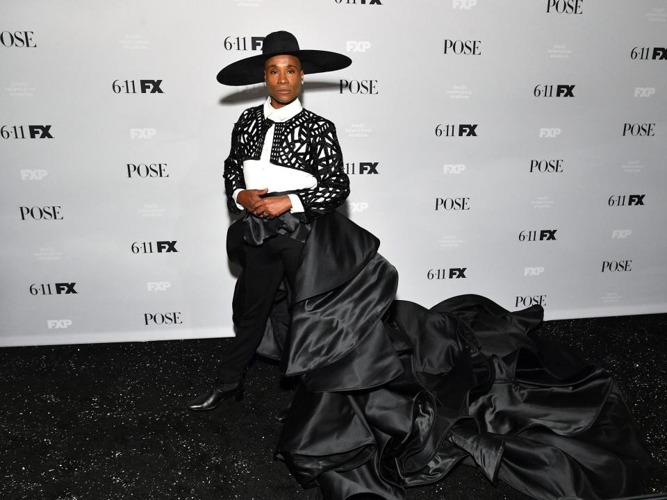 Billy Porter at the 2019 "Pose" premiere in a black gown and hat