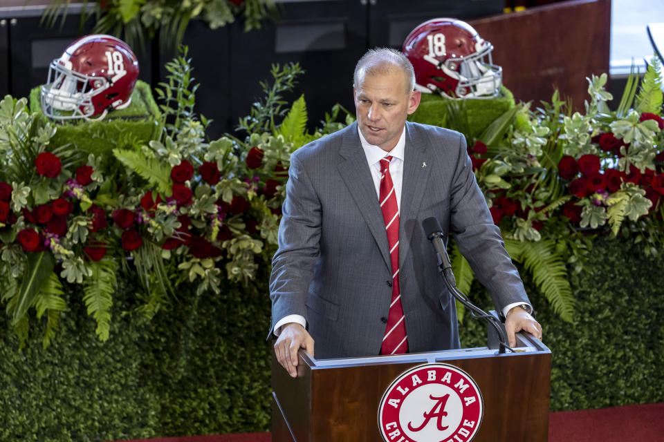 New Alabama head coach Kalen DeBoer gives his introductory speech during an NCAA college football press conference at Bryant-Denny Stadium, Saturday, Jan. 13, 2024, in Tuscaloosa, Ala. DeBoer is replacing the recently retired Nick Saban. (AP Photo/Vasha Hunt)