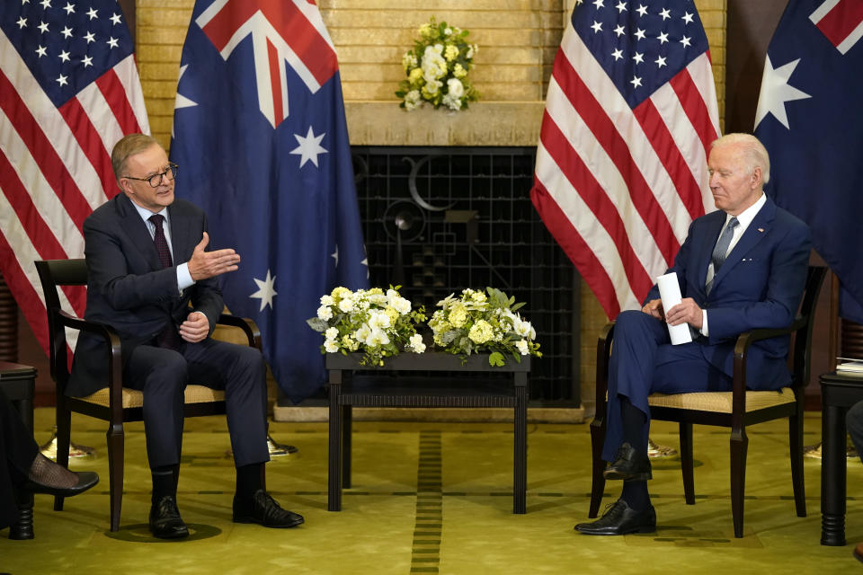 President Joe Biden, right, meets with Australian Prime Minister Anthony Albanese during the Quad leaders summit meeting at Kantei Palace, Tuesday, May 24, 2022, in Tokyo. (AP Photo/Evan Vucci)