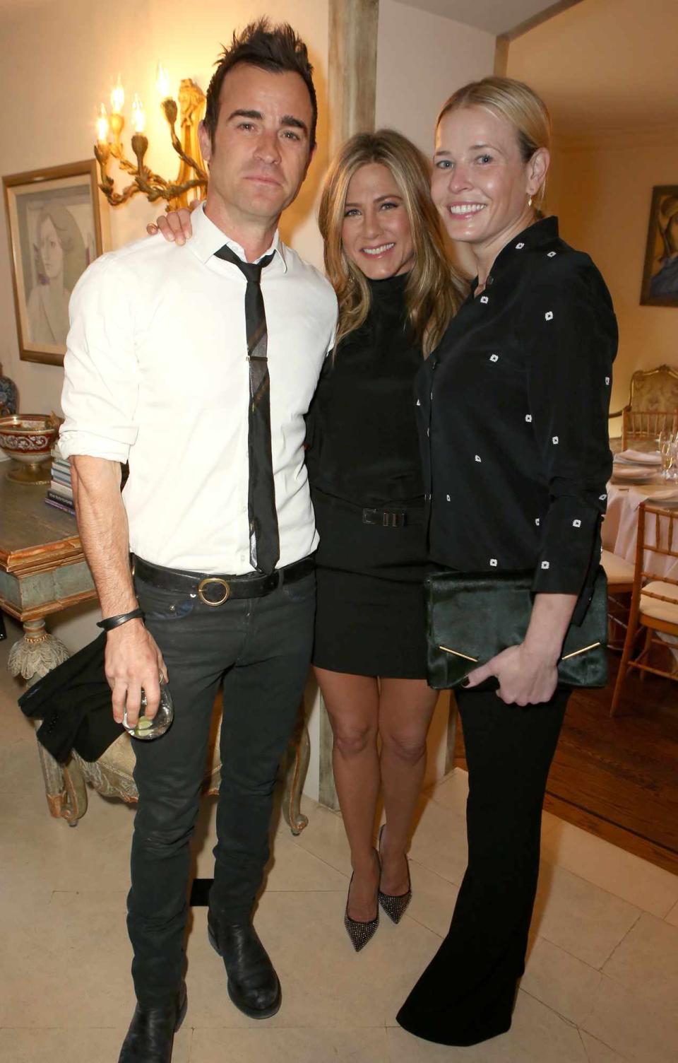 Justin Theroux and Jennifer Aniston and comedian Chelsea Handler attend as Arianna Huffington hosts a special lunch at home for Jennifer Aniston to celebrate CAKE on January 6, 2015 in Los Angeles, California