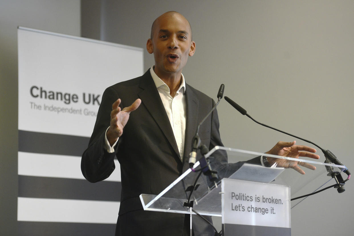 Chuka Umunna speaks during a pro EU-party Change UK rally at Church House in Westminster, London, Tuesday April 30, 2019. (Kirsty O'Connor/PA via AP)