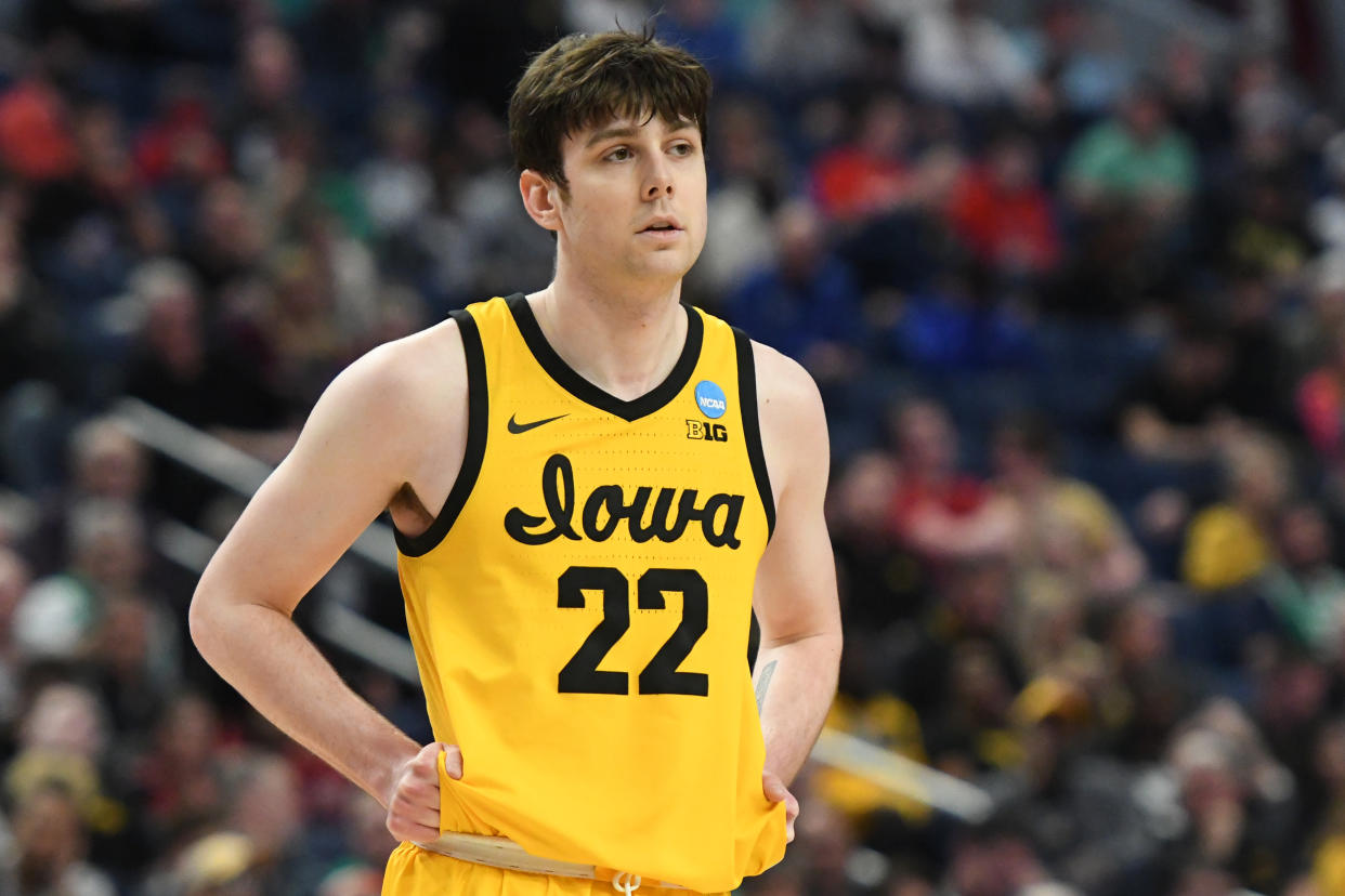 BUFFALO, NEW YORK - MARCH 17:  Patrick McCaffery #22 of the Iowa Hawkeyes looks on during the first round game of the 2022 NCAA Men's Basketball Tournament against the Richmond Spiders at KeyBank Center on March 17, 2022 in Buffalo, New York.  (Photo by Mitchell Layton/Getty Images)