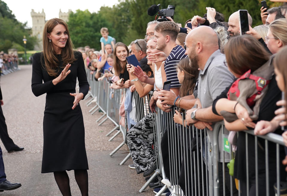 <p>Catherine, Princess of Wales meets members of the public on her walkabout at Windsor Castle on Sept. 10, 2022 in England. (Photo by Kirsty O'Connor - WPA Pool/Getty Images)</p> 