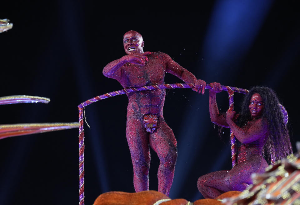 Performers from the Salgueiro samba school parade during Carnival celebrations at the Sambadrome in Rio de Janeiro, Brazil, Monday, Feb. 20, 2023. (AP Photo/Silvia Izquierdo)