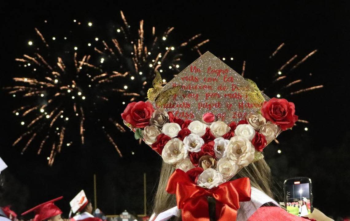 Fireworks light the sky after the McLane High graduation at the school stadium on June 6, 2023. The graduate wrote “One more deed accomplished thanks to God. Now I go for more. Thanks dad and mom. Class of 2023.”