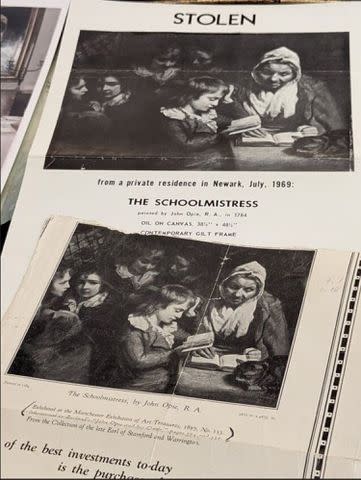 <p>FBI</p> A flier noting the theft of "The Schoolmistress" from the Wood's residence and noting a reward for its recovery.