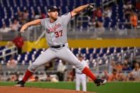 Sep 18, 2018; Miami, FL, USA; Washington Nationals starting pitcher Stephen Strasburg (37) delivers a pitch in the first inning against the Miami Marlins at Marlins Park. Mandatory Credit: Jasen Vinlove-USA TODAY Sports