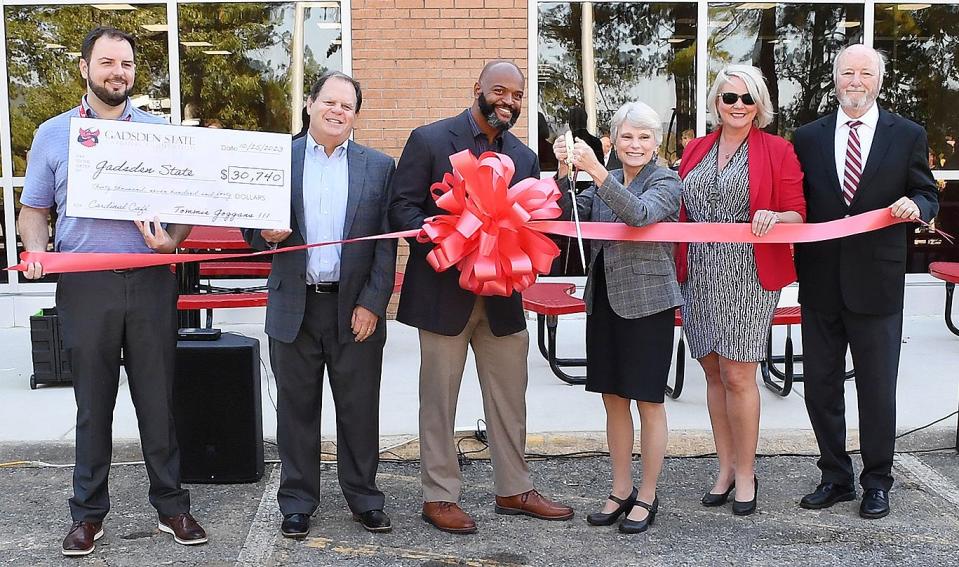 Gadsden State Community College hosted a ribbon cutting Oct. 25 for the renovated Cardinal Café on the Wallace Drive Campus. Pictured from left are John Roberson, director of Advancement and Alumni Affairs; Mark Condra, past president of the Cardinal Foundation; Tommie Goggans III, foundation president; Kathy Murphy, president of Gadsden State; Heather Brothers New, a member of the Cardinal Foundation Board of Directors; and Ricky Ray, a foundation board member.