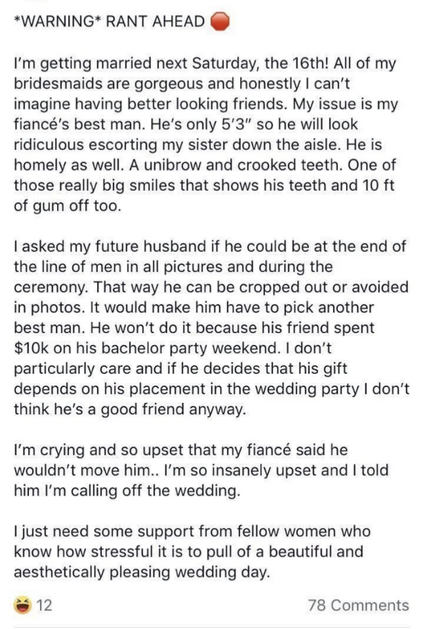 person upset her fiance's groomsman is only 5'3