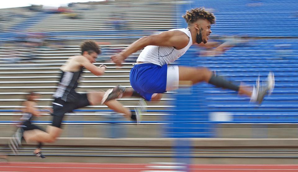 Athletes compete in a hurdles event on day 2 of the San Angelo Relays on Friday, March 12, 2021.