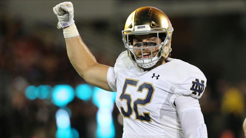 Notre Dame linebacker Bo Bauer, a Cathedral Prep graduate, reacts during an NCAA football game on Monday, Sept. 2 , 2019, in Louisville.